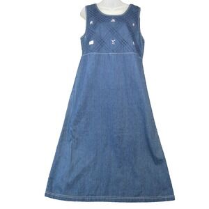 Vtg Koret City Blues Denim‎ Jumper Dress M Sleeveless Emboridered Patriotic 90s